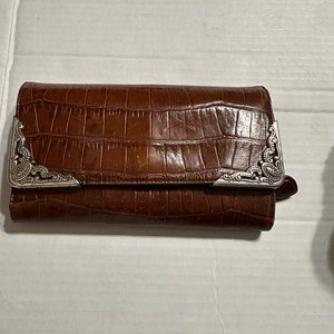 Brighton snap-close browncrocodile print embossed leather wallet.